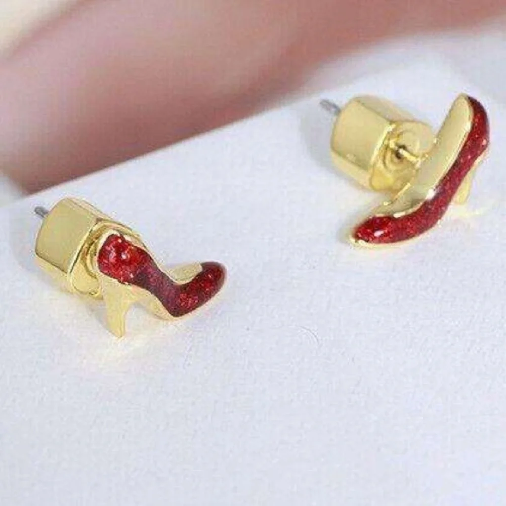 Kate Spade Authentic Red Glitter 12K Gold Plated High Heel Shoe Stud Earrings